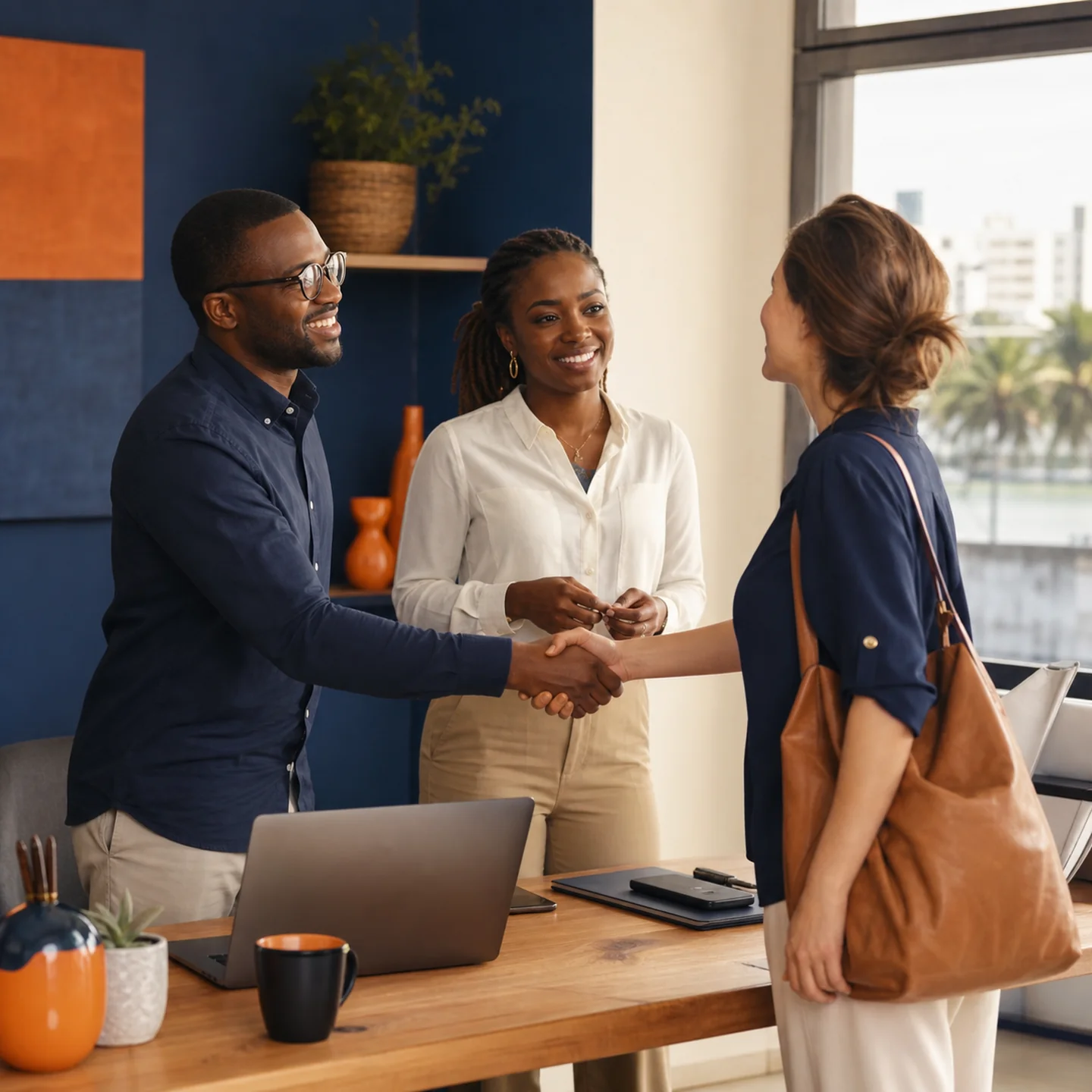 Équipe Didacweb accueillant une cliente internationale dans ses bureaux de Douala