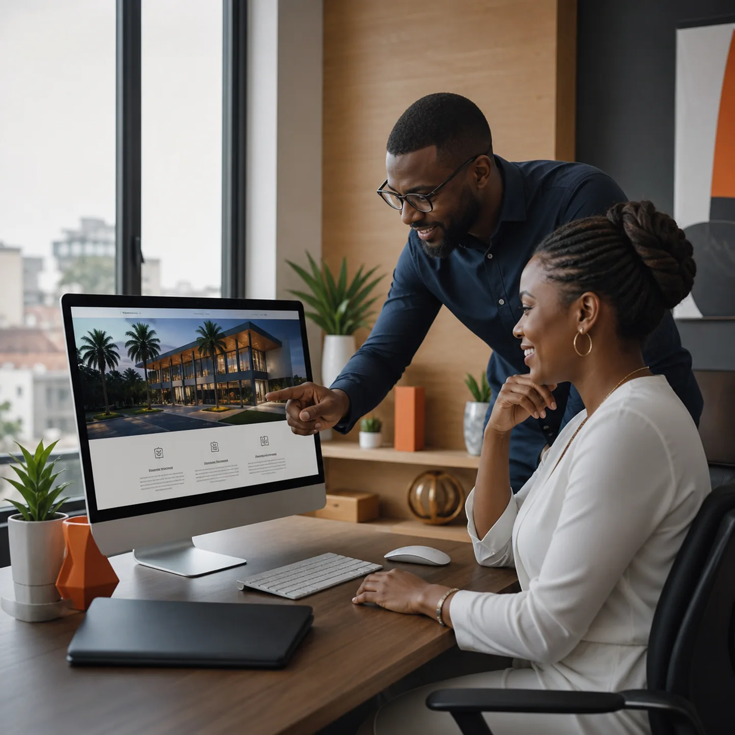 Conseillère Didacweb présentant un site vitrine professionnel à un entrepreneur