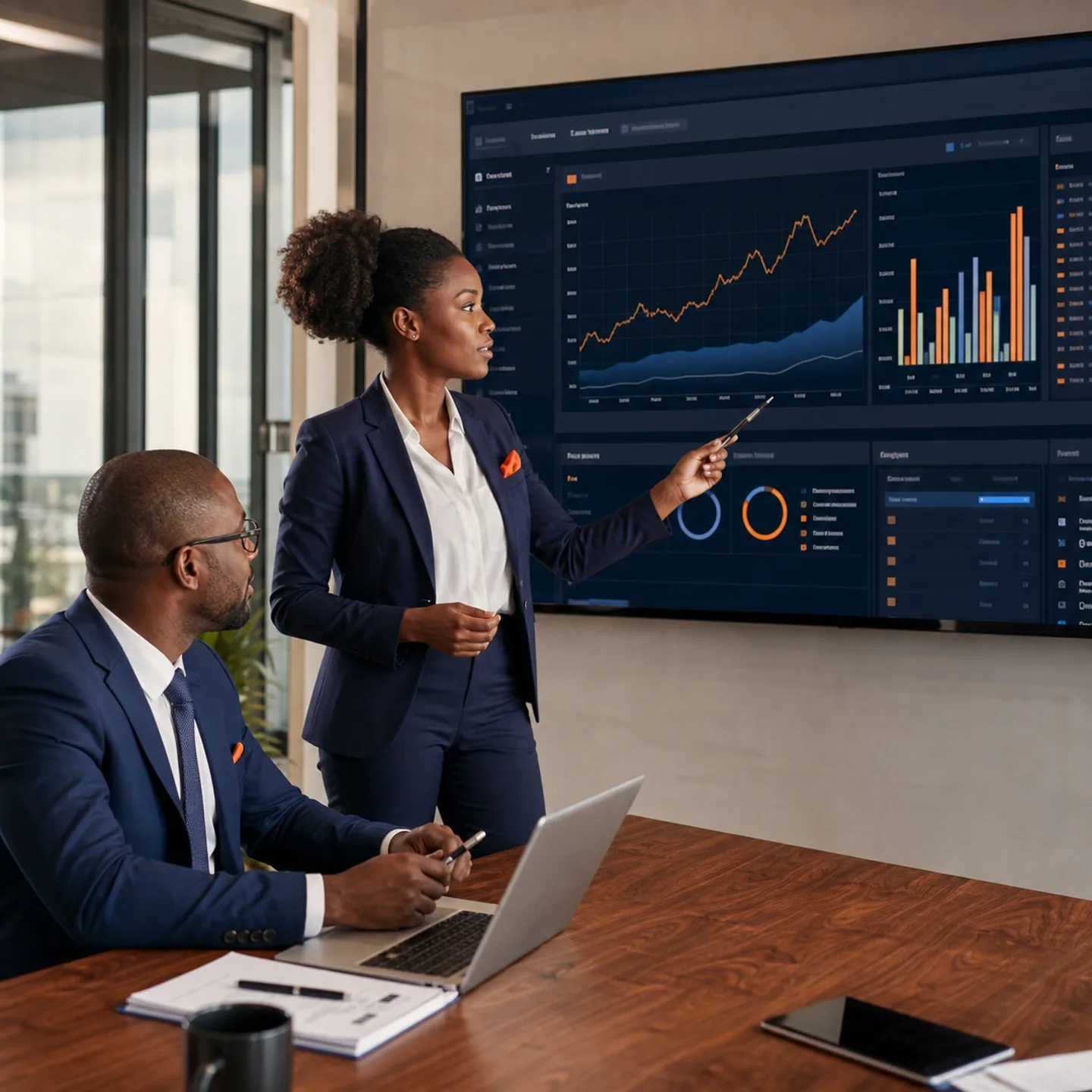 Conseillers financiers présentant une solution digitale sécurisée à un client