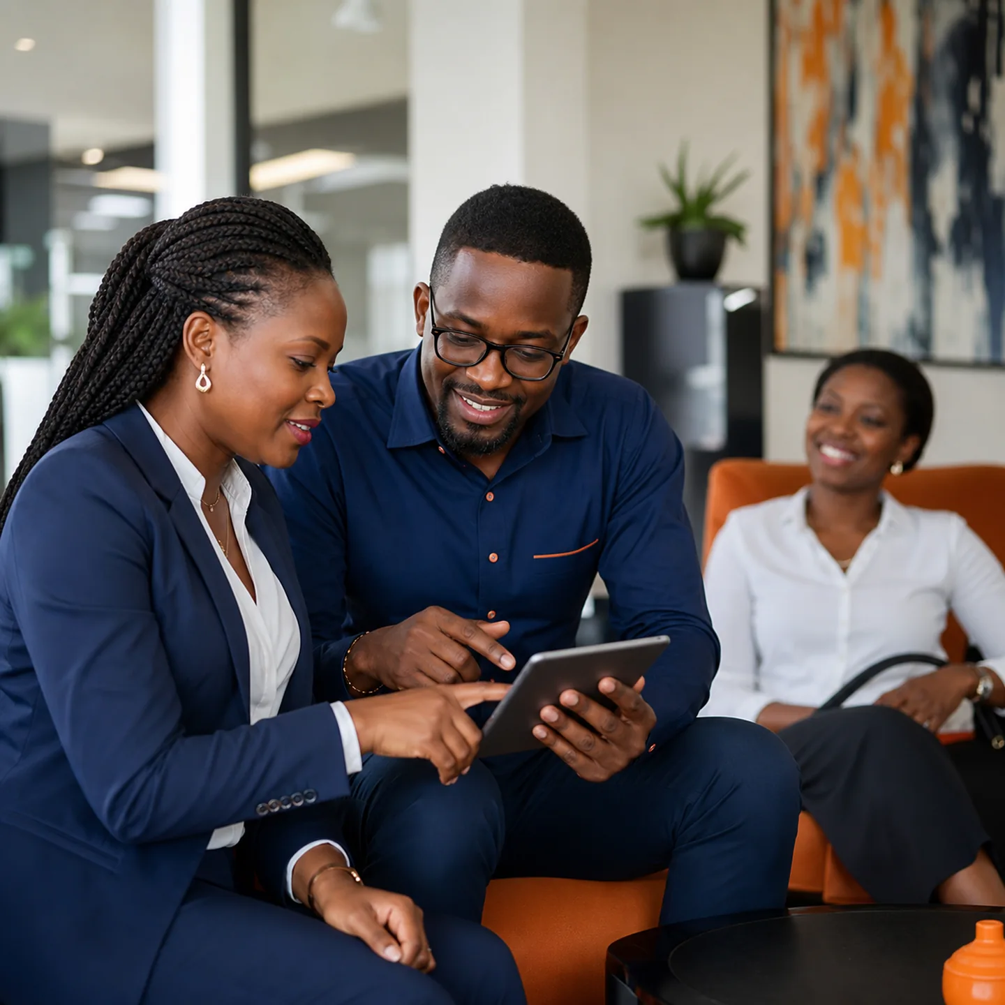 Conseillère montrant à un client le fonctionnement d’un chatbot intelligent sur tablette