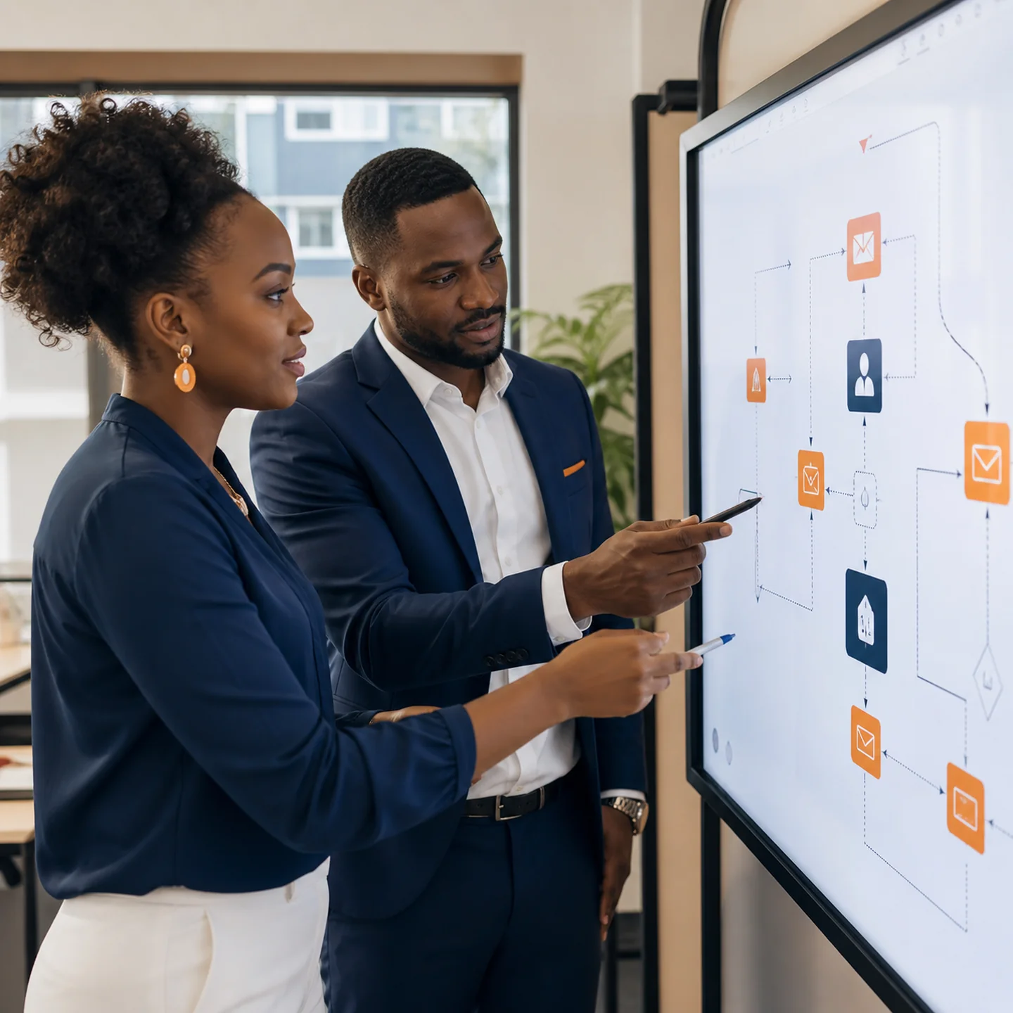 Équipe marketing construisant un scénario d’automatisation email sur un écran interactif