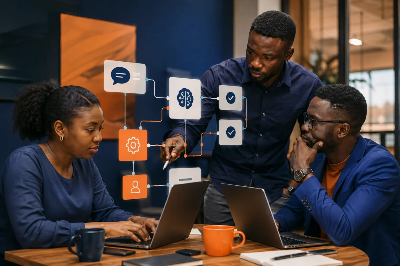 Équipe africaine concevant un workflow d’automatisation par intelligence artificielle / African team designing an artificial intelligence automation workflow