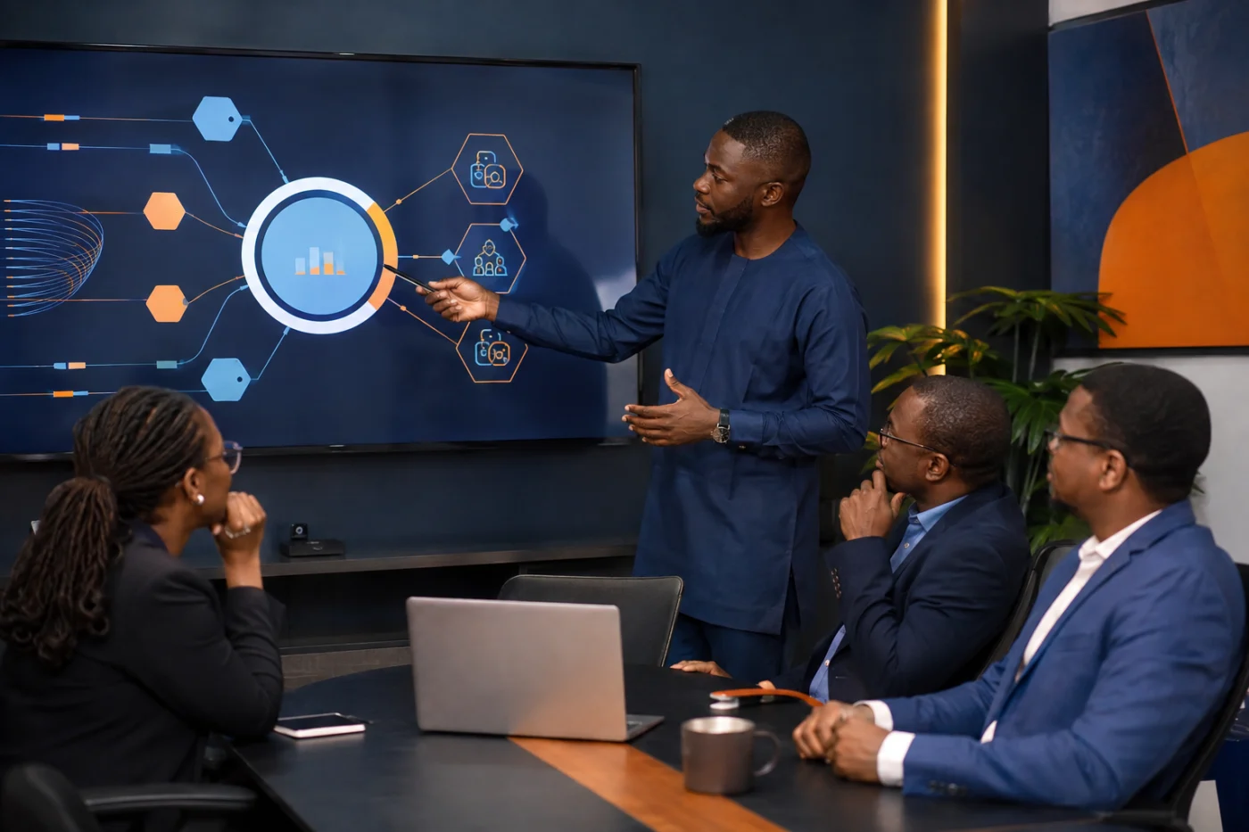 Consultant africain animant un atelier de stratégie en intelligence artificielle / African consultant leading an artificial intelligence strategy workshop