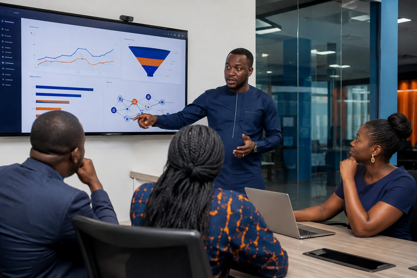 Analyste web africain présentant un tableau de bord de suivi aux dirigeants / African web analyst presenting a tracking dashboard to business leaders