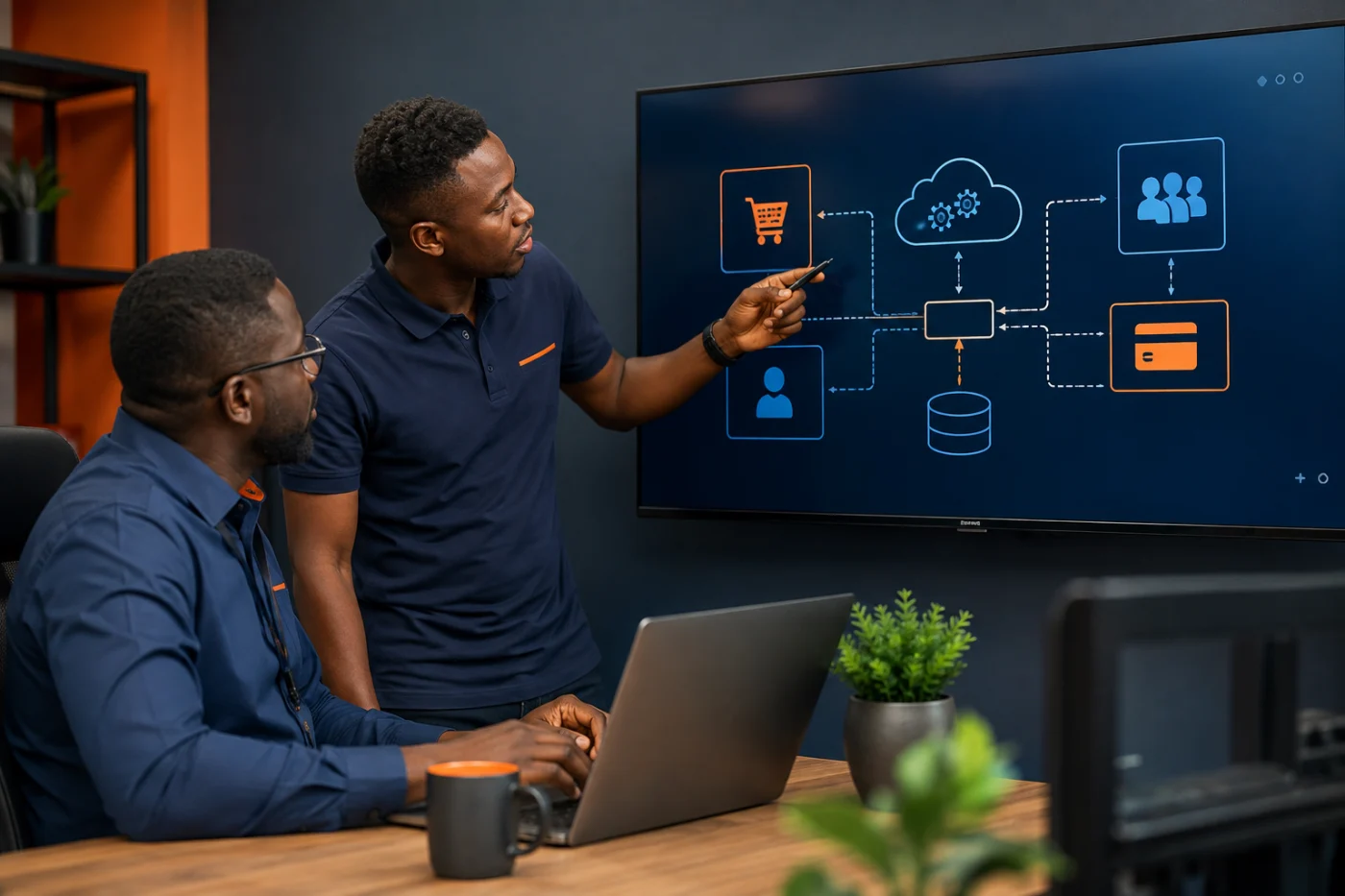 Développeurs africains présentant une architecture d’intégration API / African developers presenting an API integration architecture