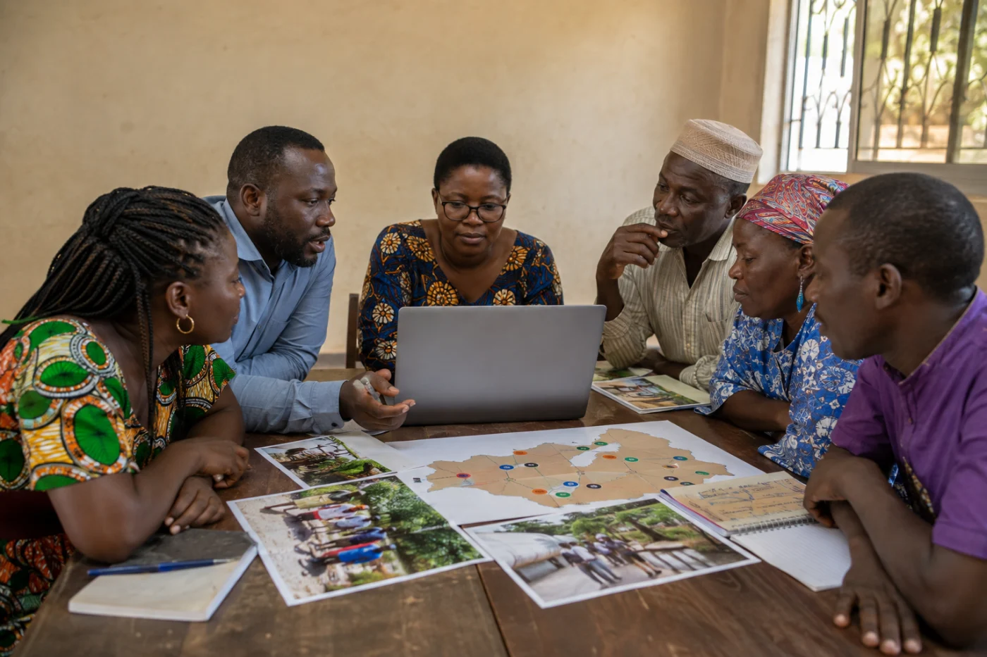 Équipe associative africaine analysant son impact communautaire / African nonprofit team reviewing community programme impact