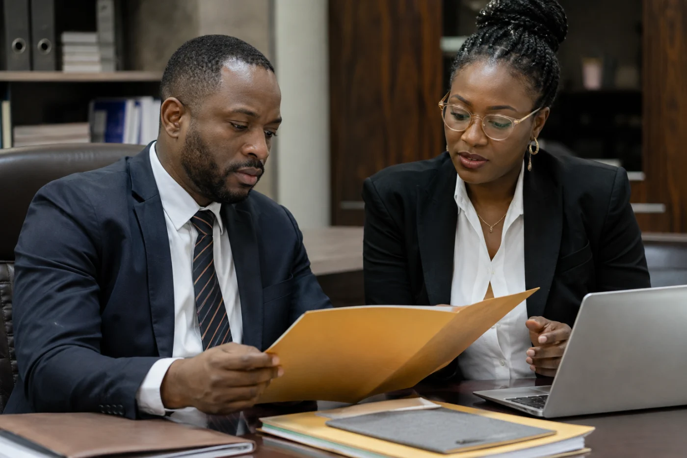 Huissiers africains examinant un dossier officiel sécurisé / African legal officers reviewing a secure official case file