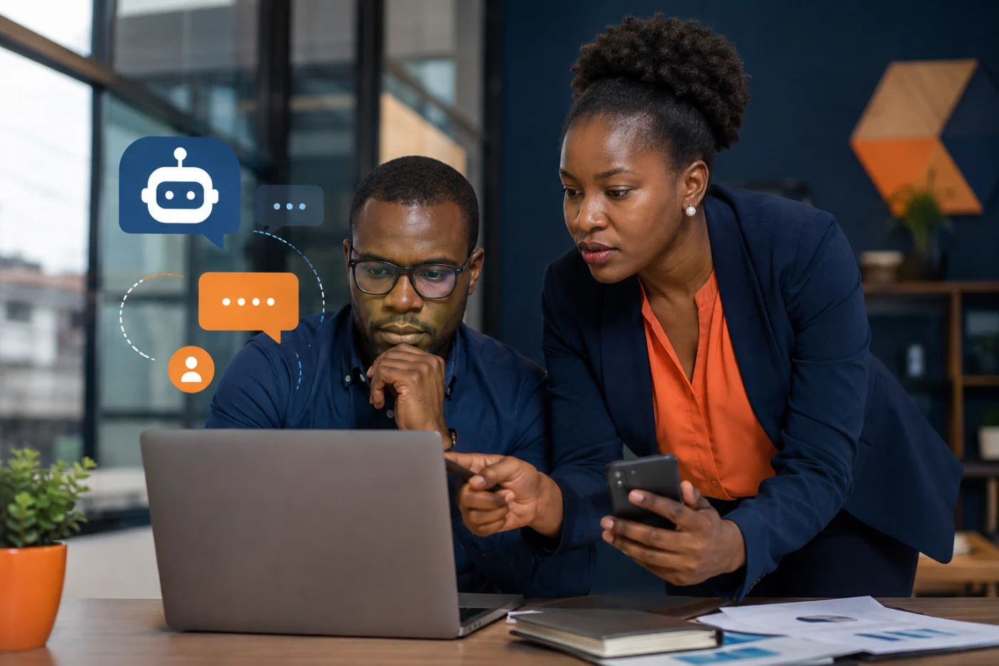 Experts africains testant un chatbot IA et son transfert vers un conseiller humain / African experts testing an AI chatbot and its handoff to a human adviser