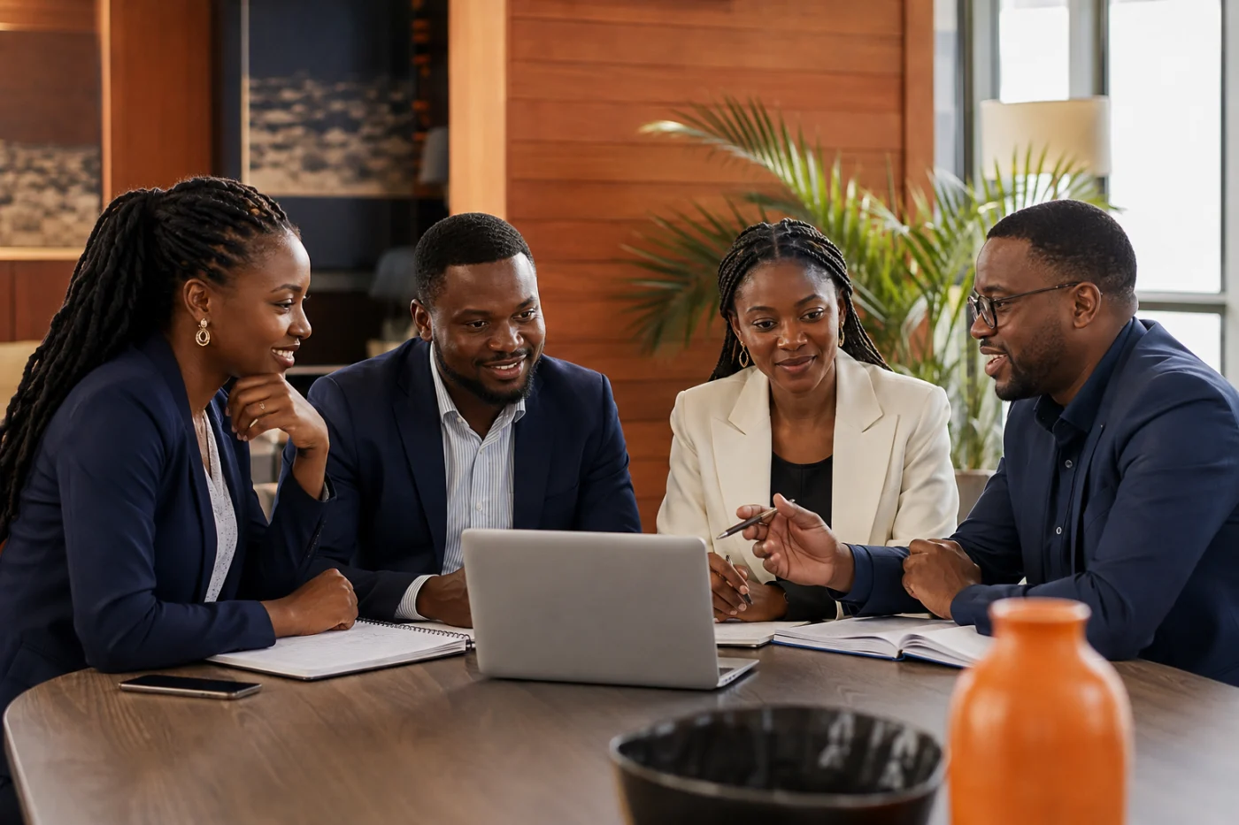 Clients africains et consultant Didacweb en réunion de stratégie digitale / African clients and a Didacweb consultant in a digital strategy meeting