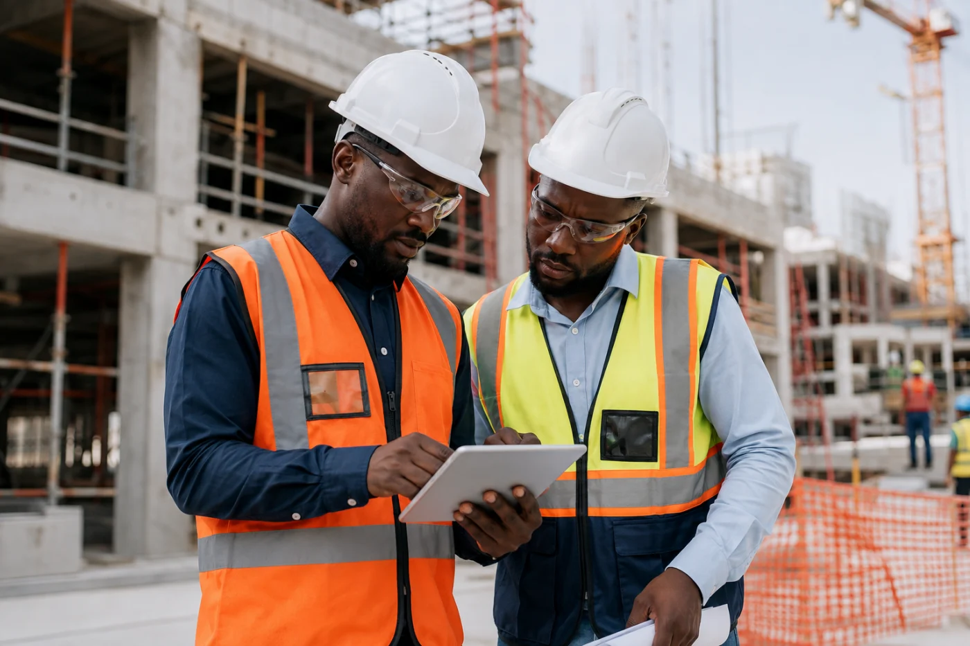 Ingénieurs africains suivant un chantier de construction avec Didacweb / African construction engineers monitoring a project with Didacweb