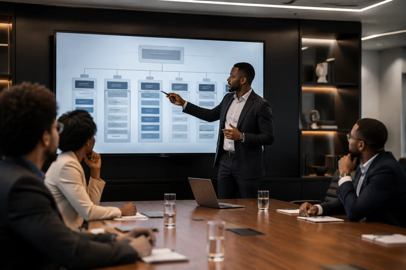 Directeur africain présentant l’architecture d’un site corporate à son équipe / African director presenting a corporate website architecture to his team