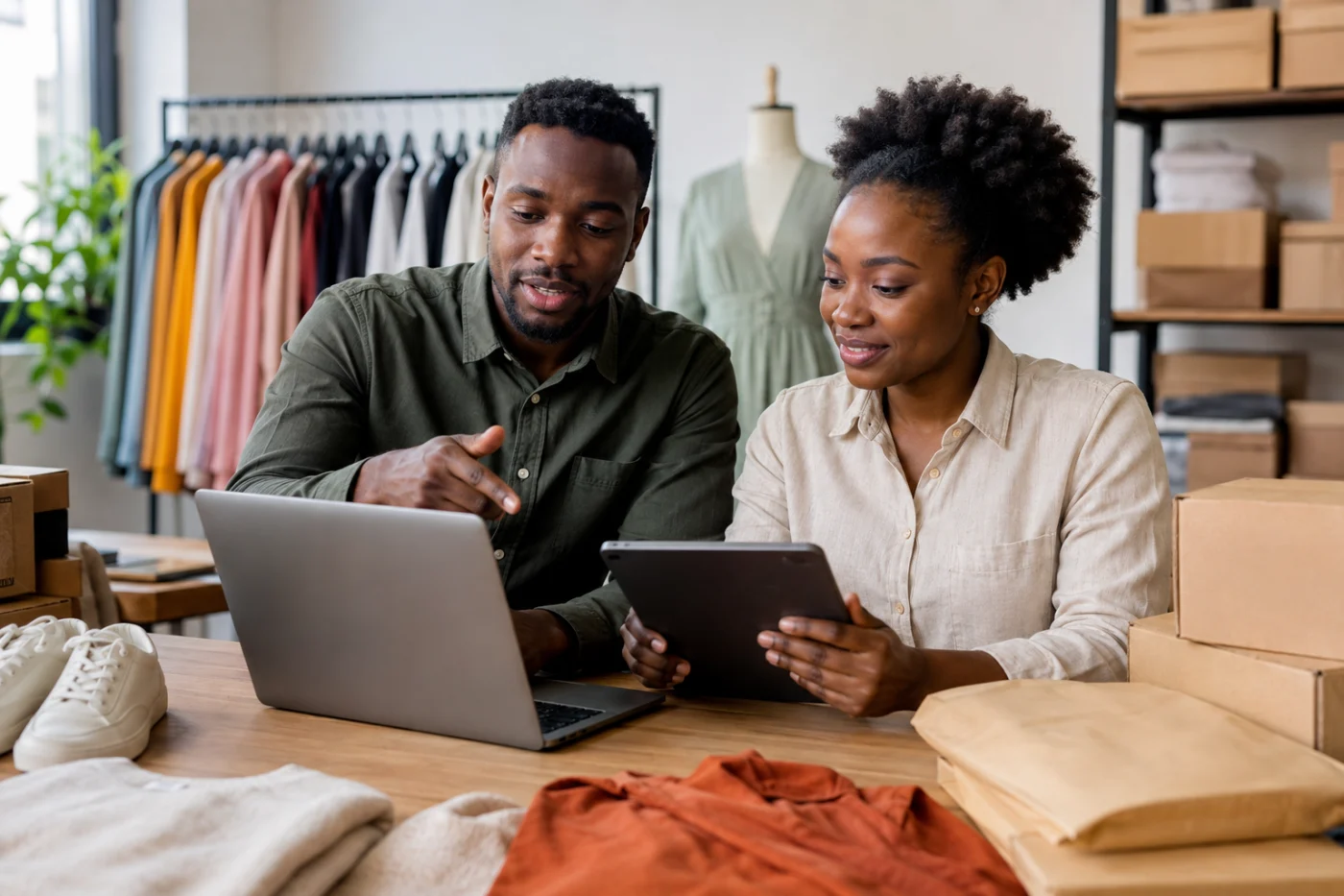 Commerçants africains pilotant une boutique en ligne et ses livraisons / African retailers managing an online store and its deliveries