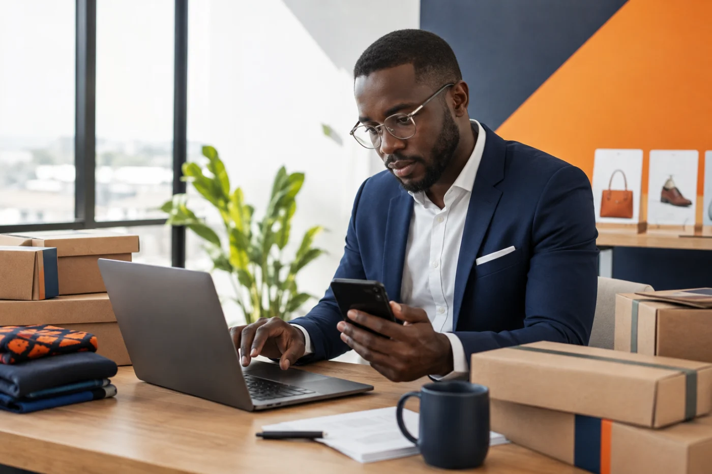 E-commerçant africain pilotant sa boutique en ligne avec Didacweb / African online retailer managing a store with Didacweb