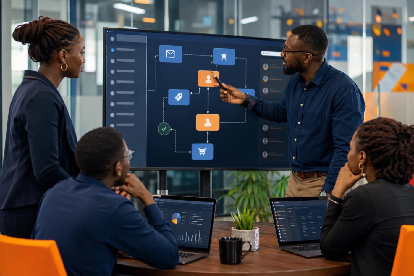 Équipe africaine concevant des scénarios automatisés d’email marketing / African team designing automated email marketing journeys