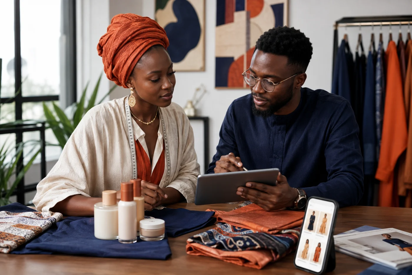 Entrepreneurs africains de la mode préparant une expérience digitale / African fashion entrepreneurs planning a digital shopping experience
