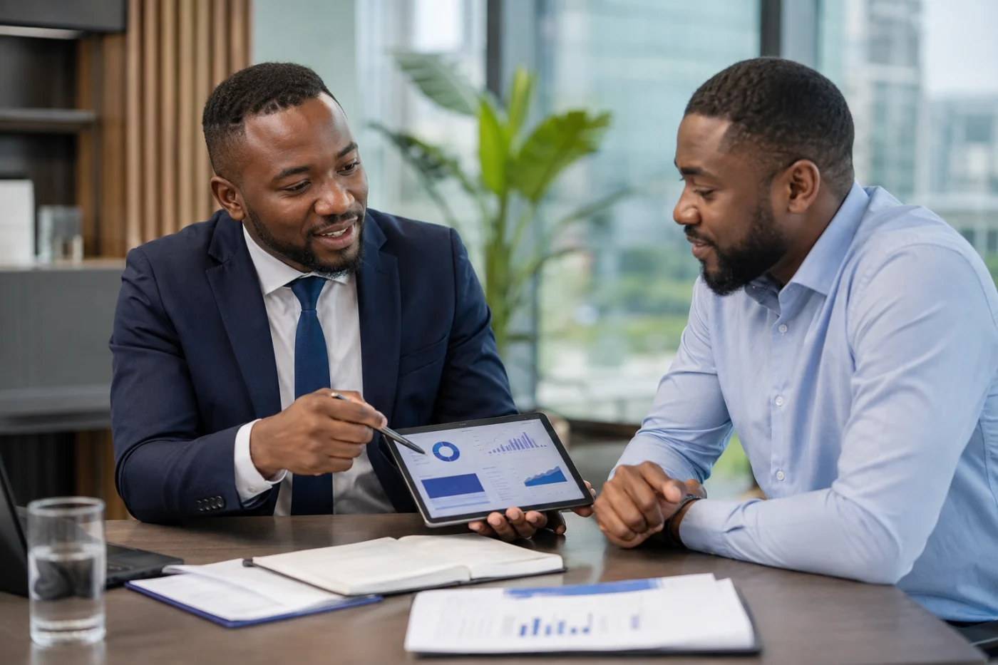 Conseiller financier africain présentant des options à un entrepreneur / African financial adviser presenting options to an entrepreneur