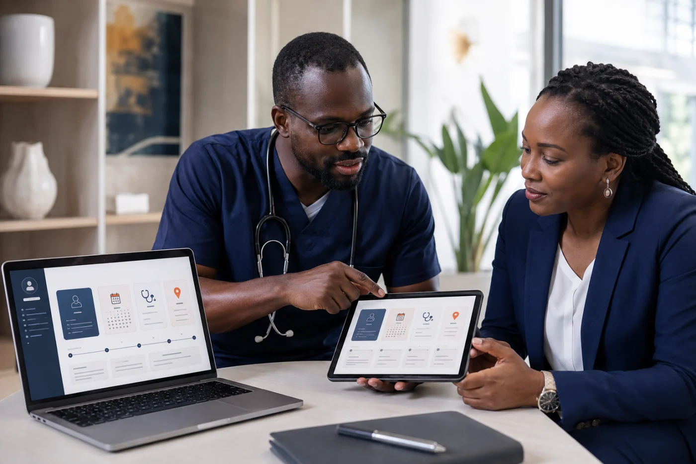 Professionnel de santé africain concevant un parcours patient digital / African healthcare professional designing a digital patient journey