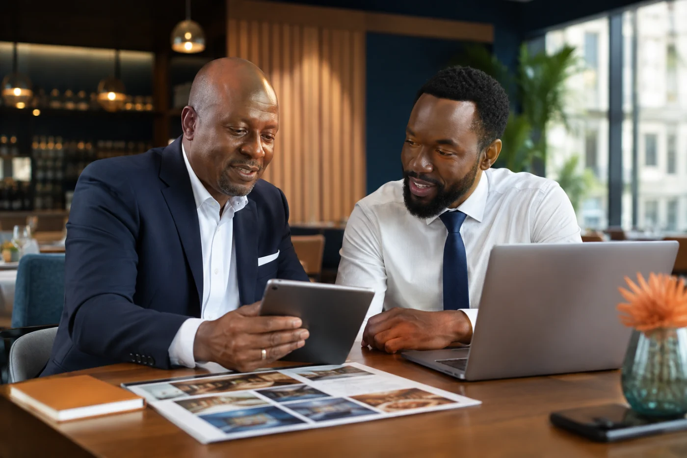 Professionnels africains de l’hôtellerie préparant un parcours de réservation / African hospitality professionals planning a digital booking journey