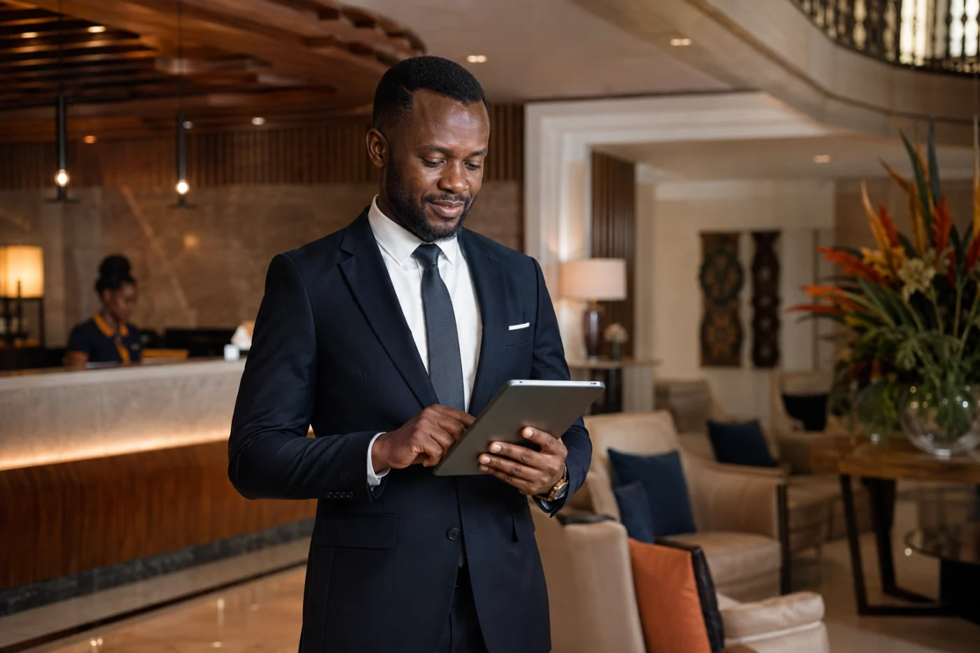 Directeur hôtelier africain optimisant un parcours de réservation / African hotel manager improving a digital booking journey