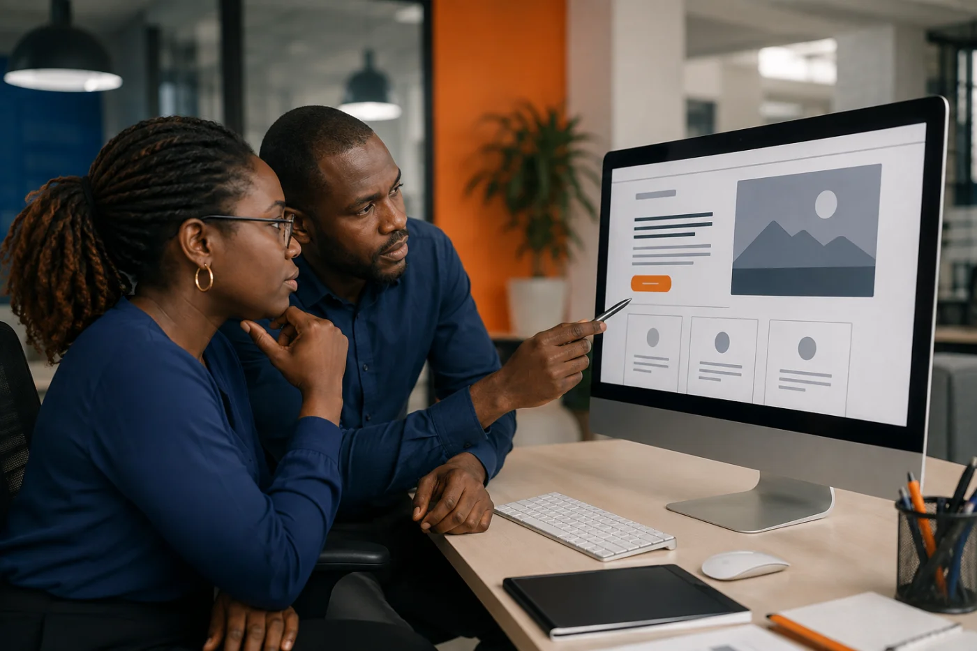 Designers africains analysant la structure d’une landing page de conversion / African designers reviewing the structure of a conversion landing page