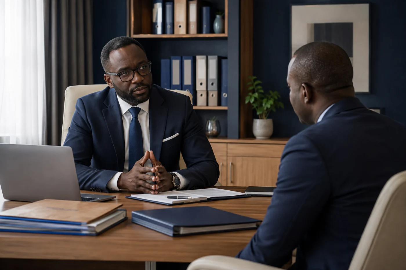 Avocat africain recevant un client dans un cabinet confidentiel / African lawyer meeting a client in a confidential office