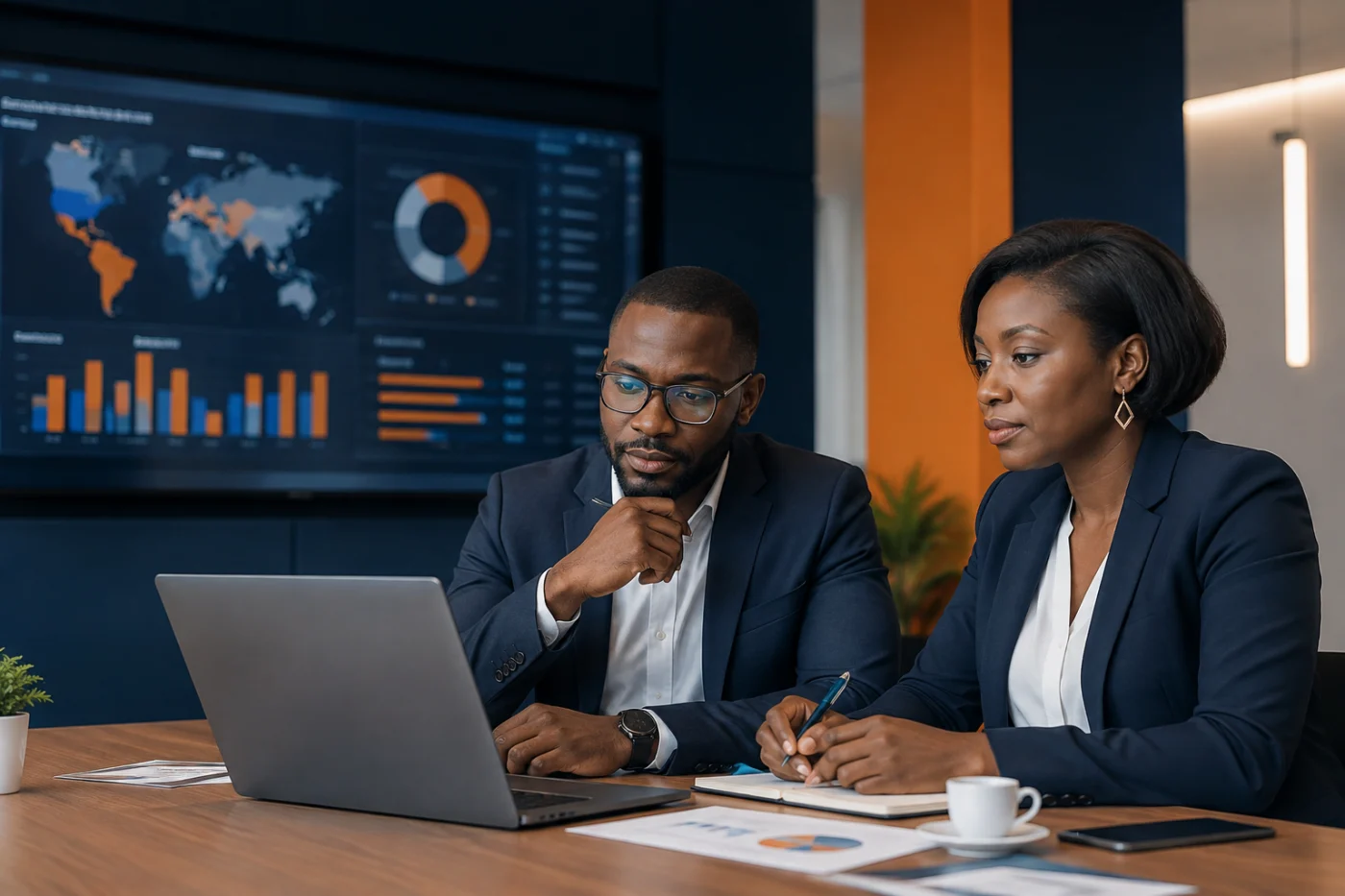 Cadres africains préparant une campagne LinkedIn Ads en salle de réunion / African executives preparing a LinkedIn Ads campaign in a meeting room