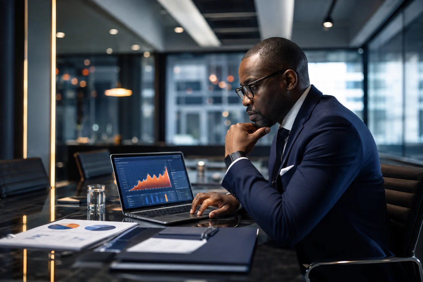 Directeur africain des relations investisseurs analysant des publications / African investor relations director analysing corporate publications