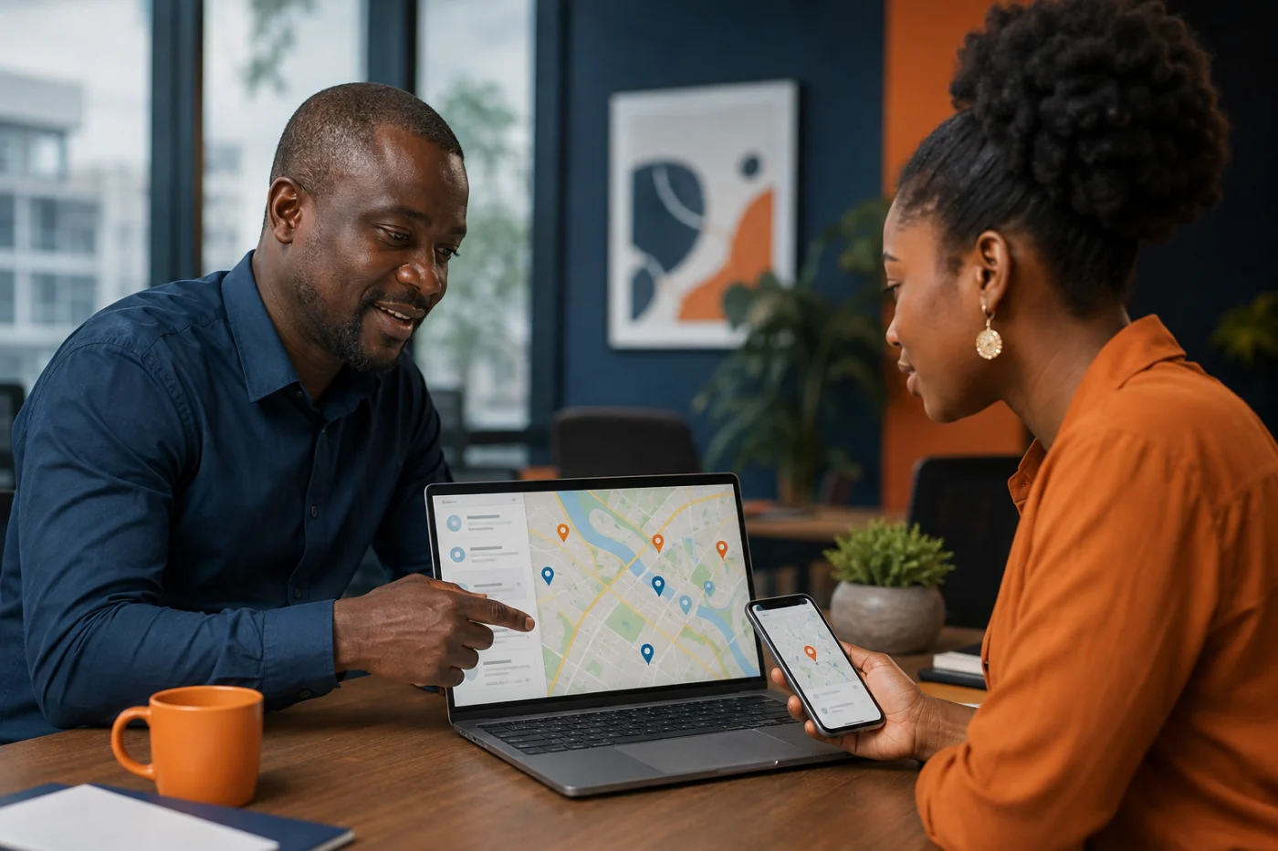 Consultants africains optimisant la visibilité locale d’une entreprise sur une carte / African consultants improving a business local visibility on a map
