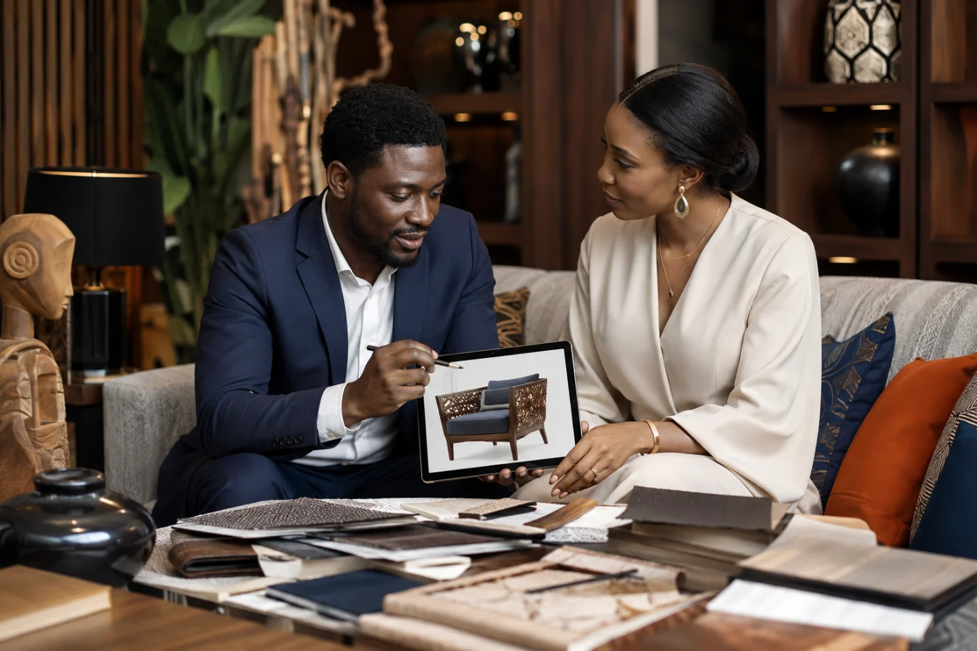 Designer africain présentant un projet de décoration haut de gamme / African designer presenting a premium interior project