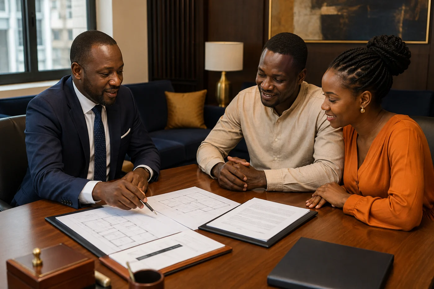 Notaire africain accompagnant un couple pour un projet immobilier / African notary advising a couple on a property project