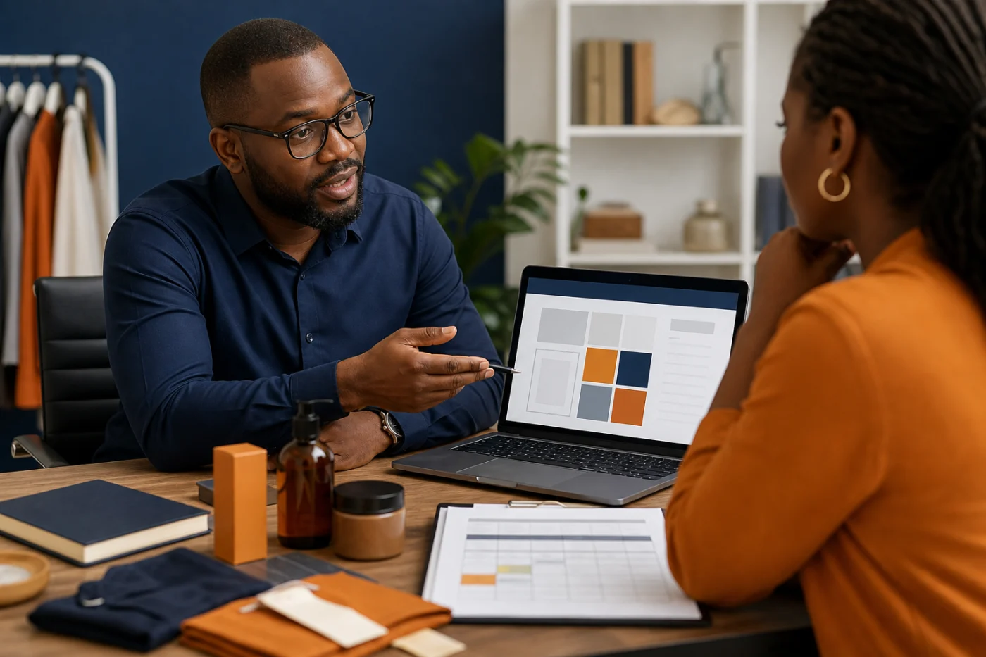 Entrepreneure africaine cadrant une boutique en ligne avec un consultant / African entrepreneur scoping an online store with a consultant