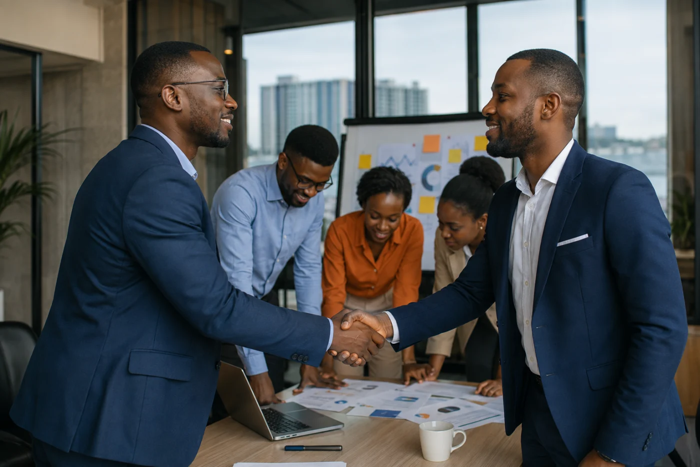 Partenaires africains concluant une collaboration digitale / African business partners finalising a digital collaboration