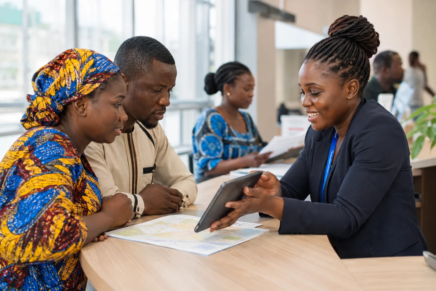 Équipe africaine aidant des citoyens dans un organisme public / African public service team helping citizens access information