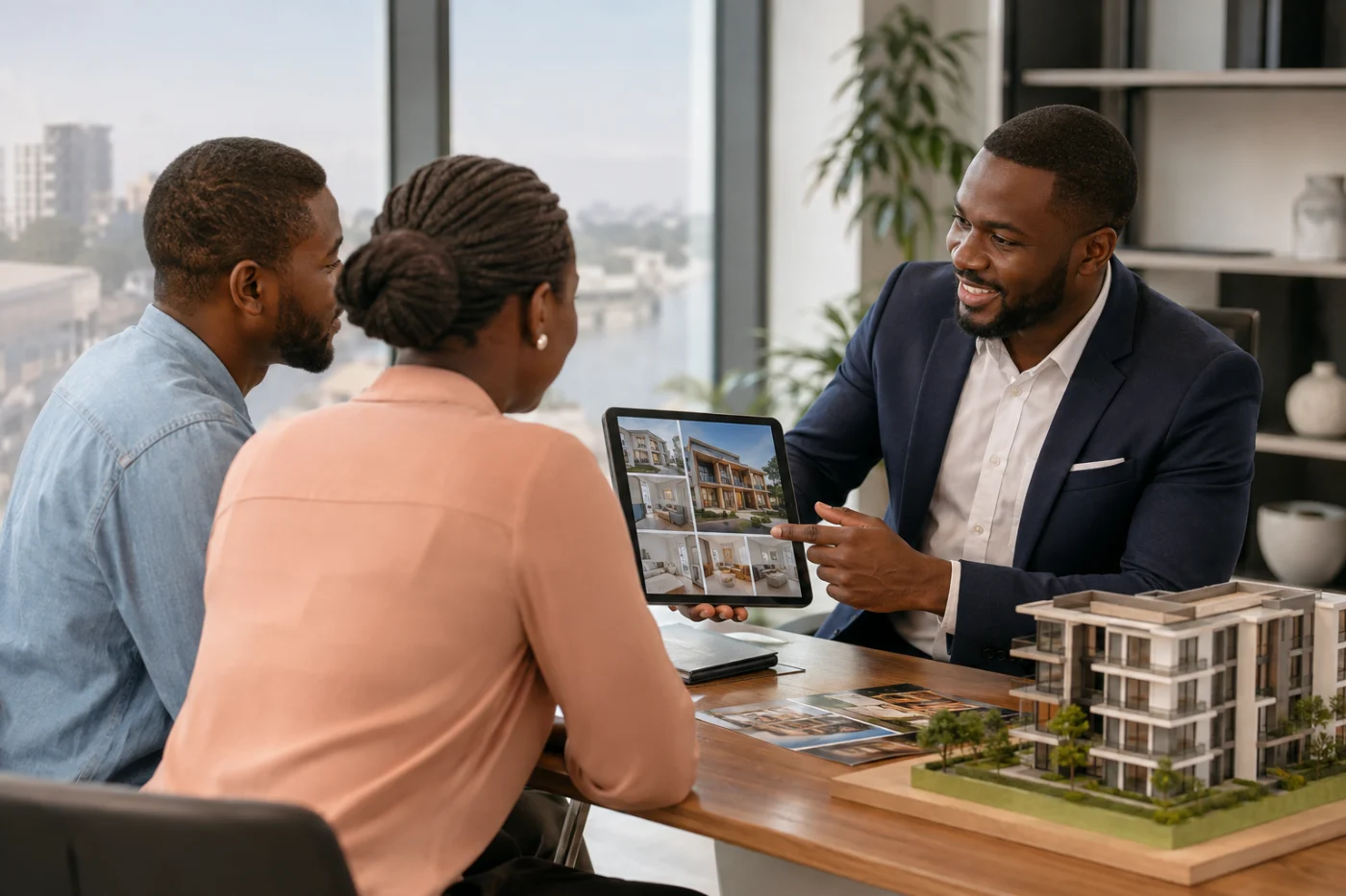 Conseiller immobilier africain présentant des biens à des clients / African real estate adviser presenting properties to clients