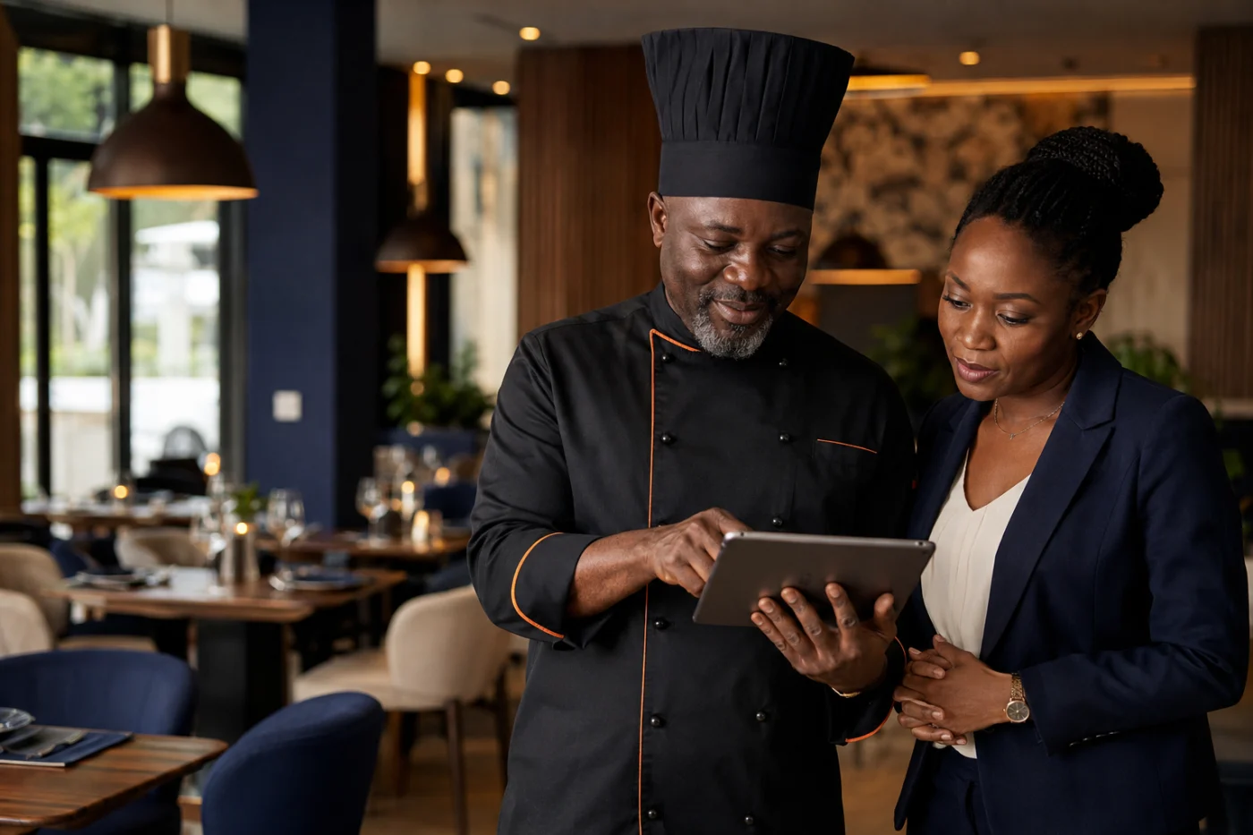 Restaurateur africain optimisant son parcours de réservation avec Didacweb / African restaurant owner improving a booking journey with Didacweb