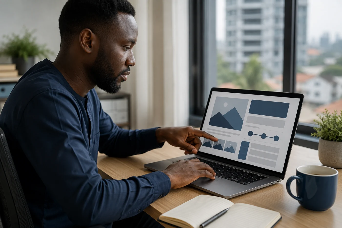 Entrepreneur africain et webdesigner sélectionnant les pages d’un site vitrine / African business owner and web designer selecting pages for a showcase website