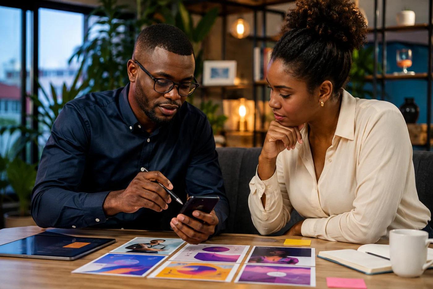 Experts africains préparant les créations et audiences d’une campagne sur les réseaux sociaux / African experts preparing creative assets and audiences for a social media campaign
