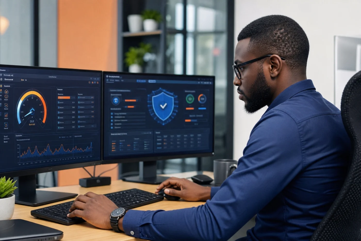 Ingénieur africain contrôlant la vitesse et la sécurité d’un site web / African engineer checking website speed and security