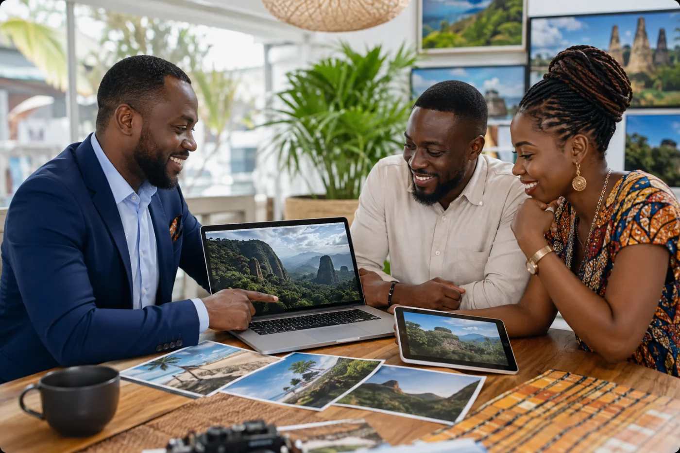 Conseiller voyage africain préparant un séjour au Cameroun avec des clients / African travel adviser planning a Cameroon trip with clients