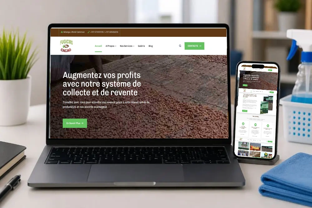 Fugicmo Cacao — écrans archivés dans les supports ordinateur et téléphone