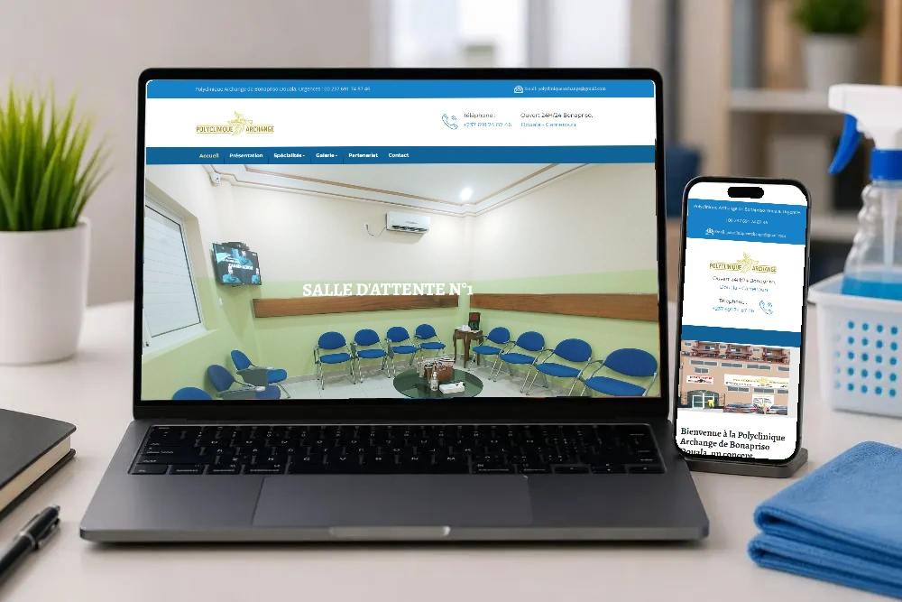 Polyclinique Archange — présentation du projet sur ordinateur et téléphone