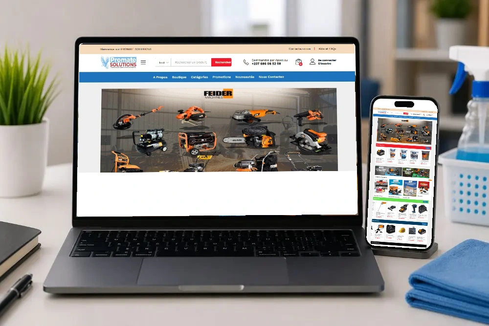 Promate Solutions — présentation du projet sur ordinateur et téléphone