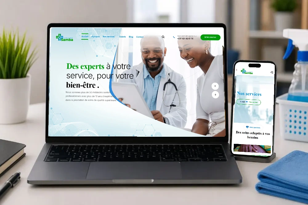 Site du Centre de Santé Samba : accueil sur ordinateur portable et services sur téléphone