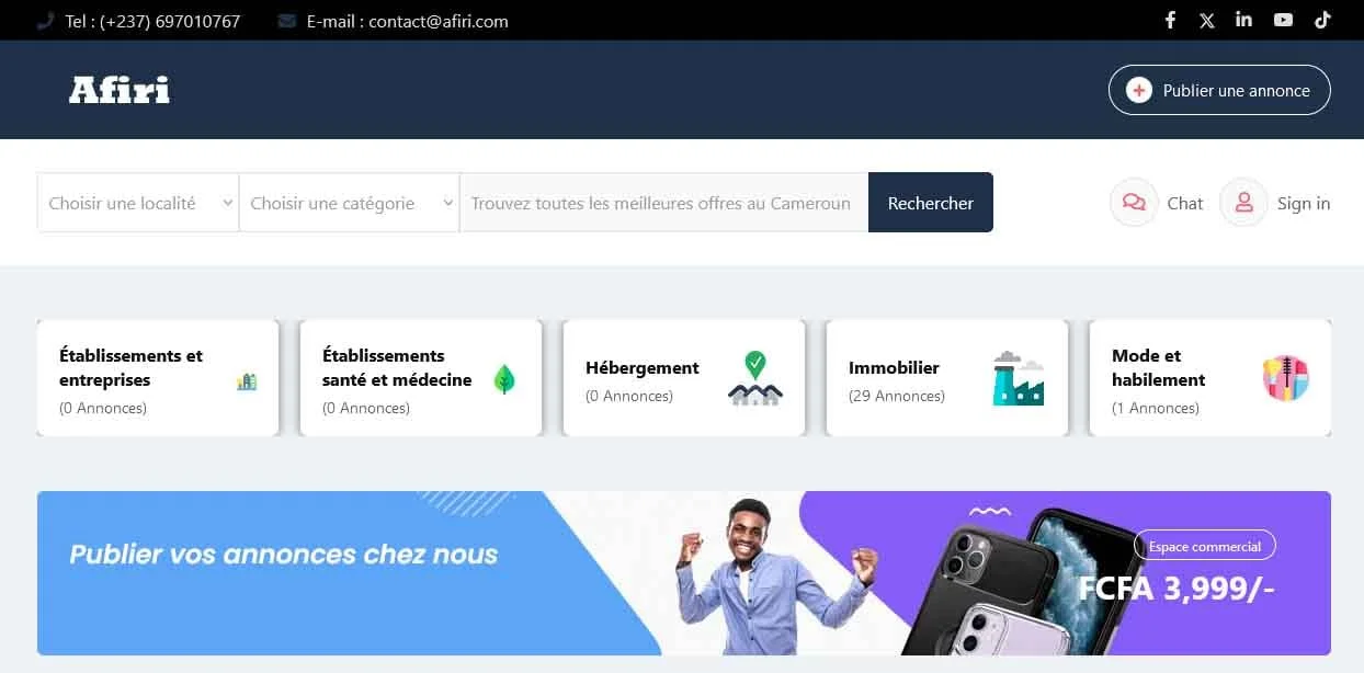 Accueil Afiri : recherche et catégories d’annonces