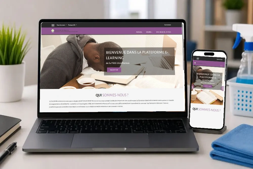 FSEG · Université de Maroua — Accueil de la plateforme sur ordinateur et téléphone